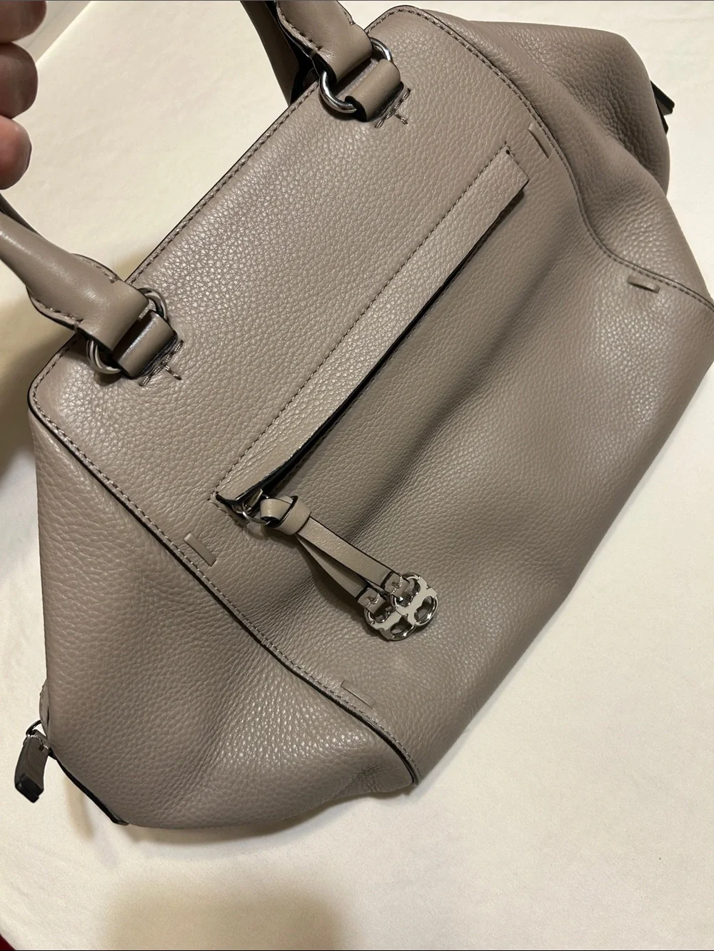 Tory Burch Pebbled Leather Satchel in Taupe Gray